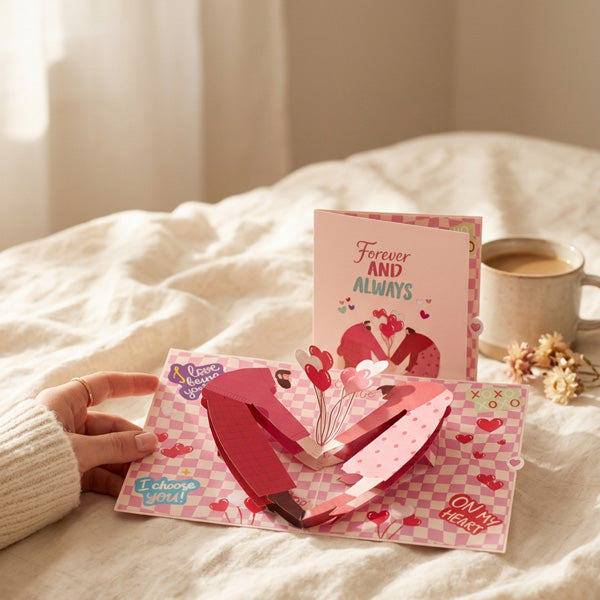3D pop-up card: Forever and Always, open on a bed beside a cup of coffee and dried flowers
