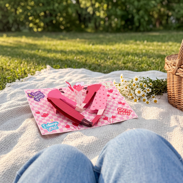 3D pop-up card: Forever and Always, open on a picnic blanket with daisies and a wicker basket