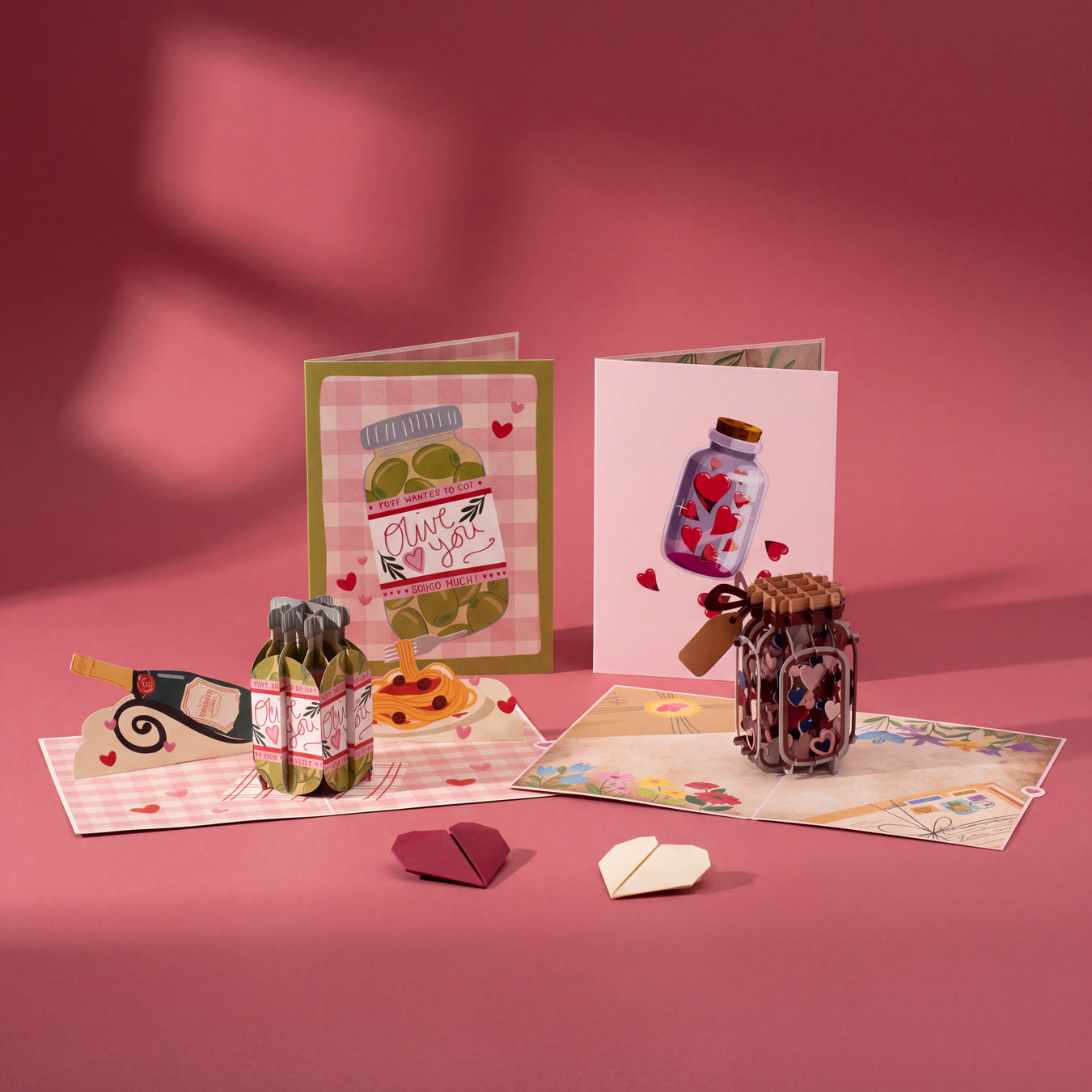 3D pop-up Valentine's Day cards: Olive You and Bottle Full of Wishes, open with folded paper hearts