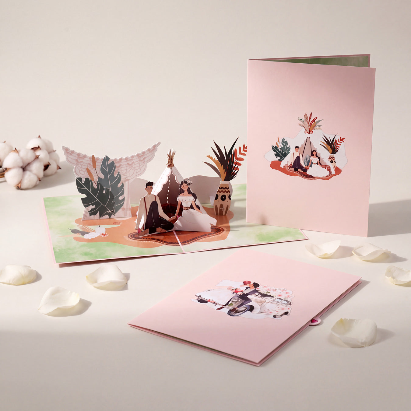 3D pop-up wedding cards: Bohemian Wedding open and closed, with cotton stems and white rose petals