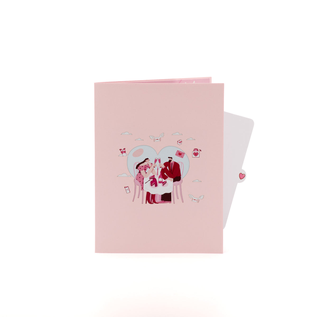 A Toast to Us 3D pop-up card closed — card only, pink cover with the toasting couple inside a heart, everpop