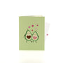 Avocado in Love 3D pop-up card closed — card only, green cover with avocado couple and pink hearts, everpop