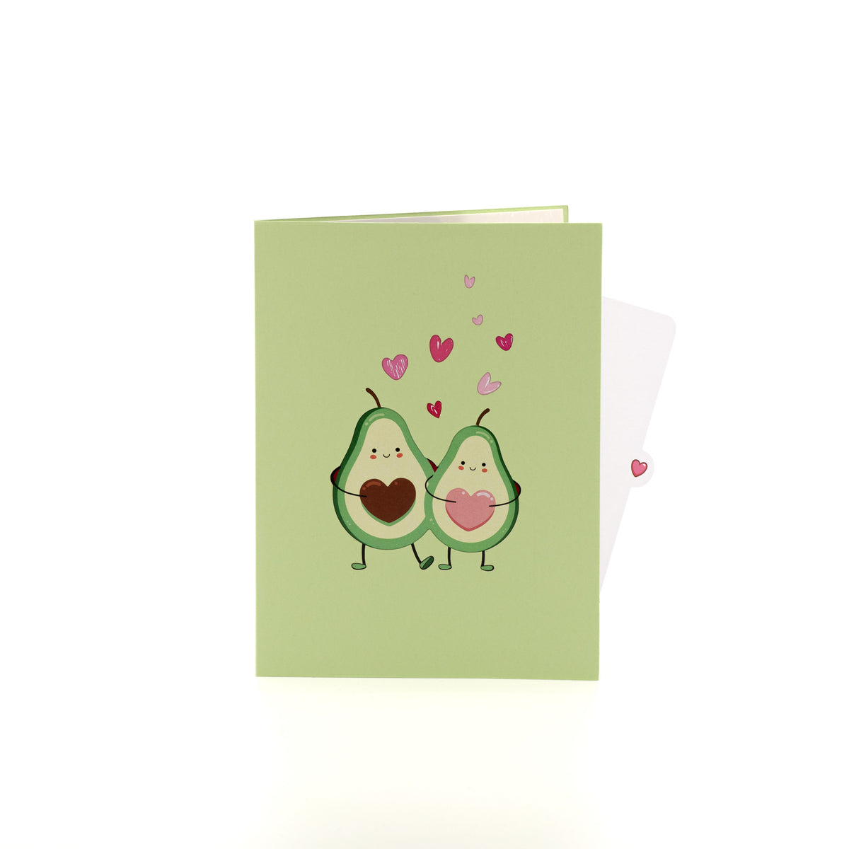 Avocado in Love 3D pop-up card closed — card only, green cover with avocado couple and pink hearts, everpop