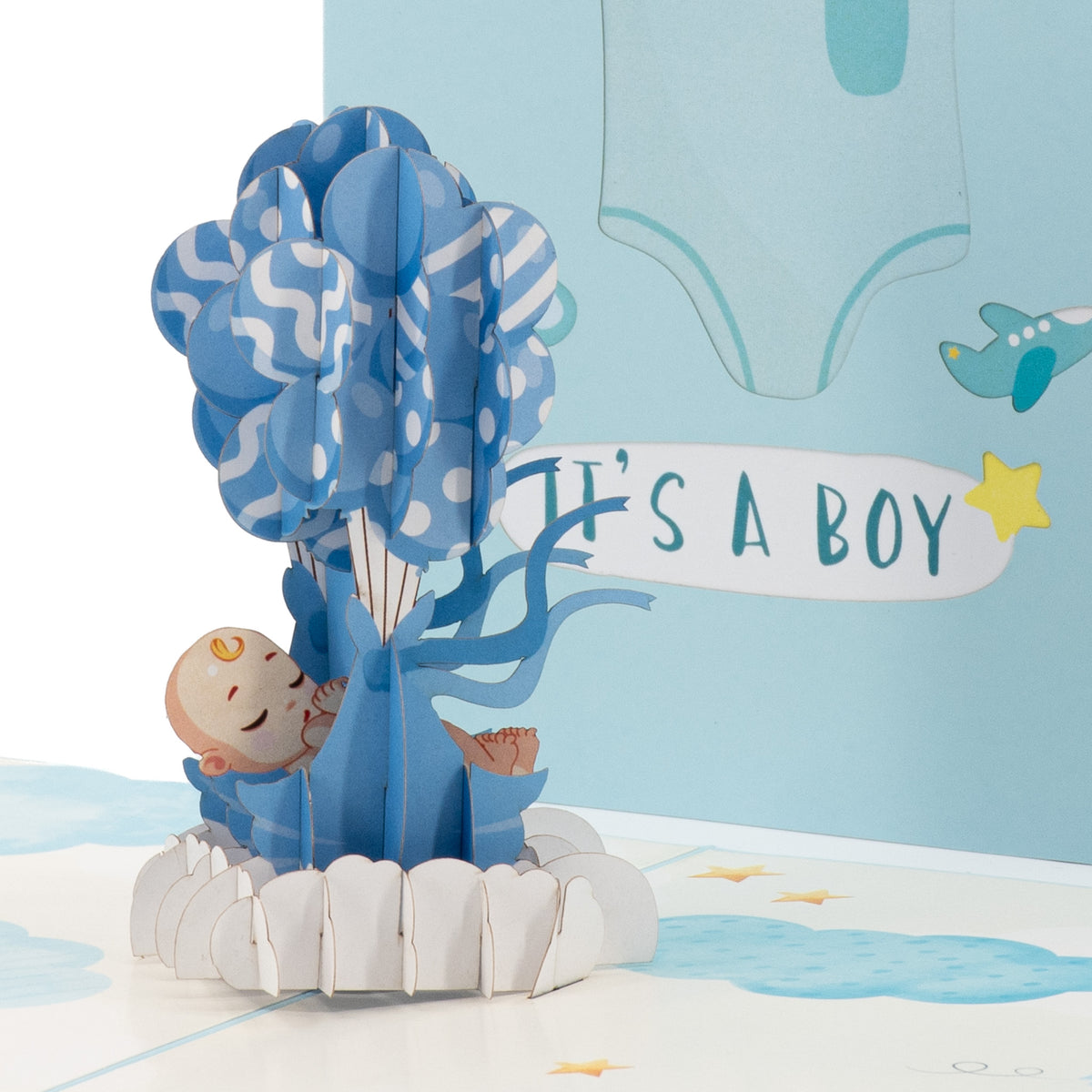 Baby Boy and Balloons 3D pop-up card close-up: sleeping baby in a blue bundle under striped and dotted balloons, everpop