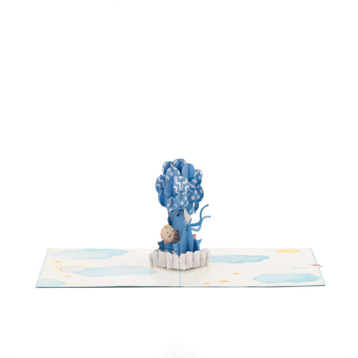 Baby Boy and Balloons 3D pop-up card angle view: blue balloon bundle rising from a white cloud base, everpop