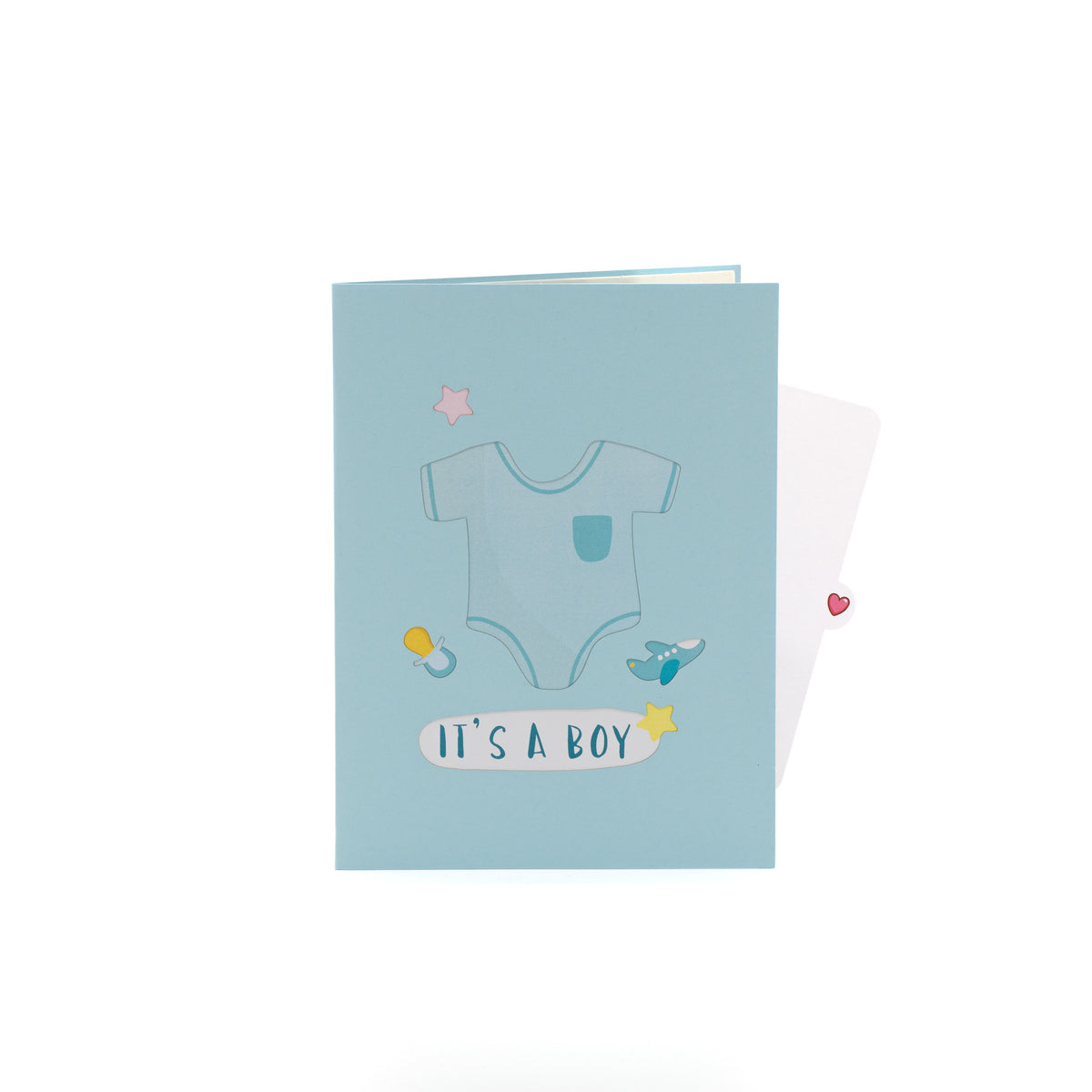 Baby Boy and Balloons 3D pop-up card closed — card only, blue cover with onesie and It's a Boy lettering, everpop