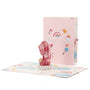 Baby Girl and Balloons 3D pop-up card front view: baby floating on pink balloons, It's a girl cover behind, everpop