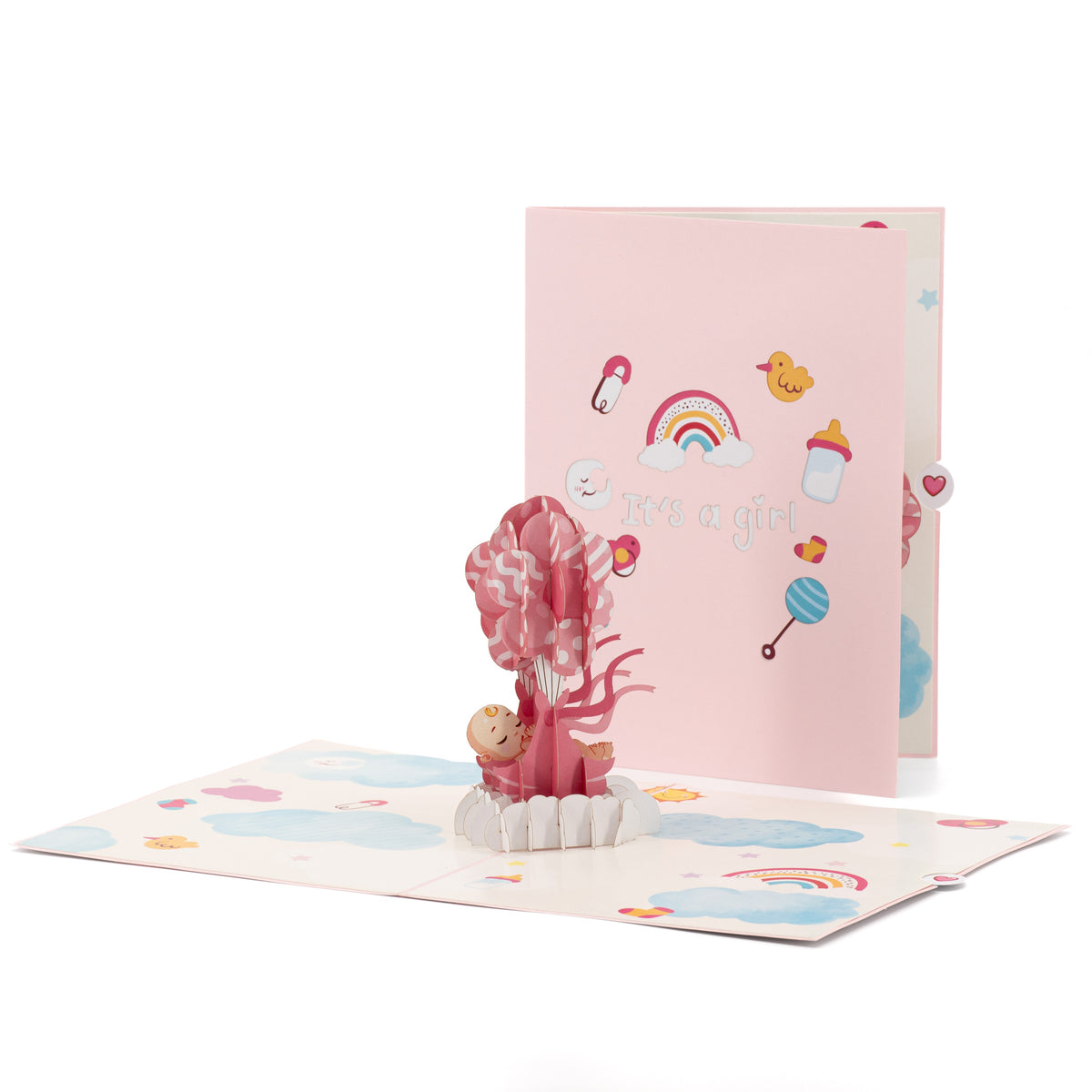 Baby Girl and Balloons 3D pop-up card front view: baby floating on pink balloons, It's a girl cover behind, everpop