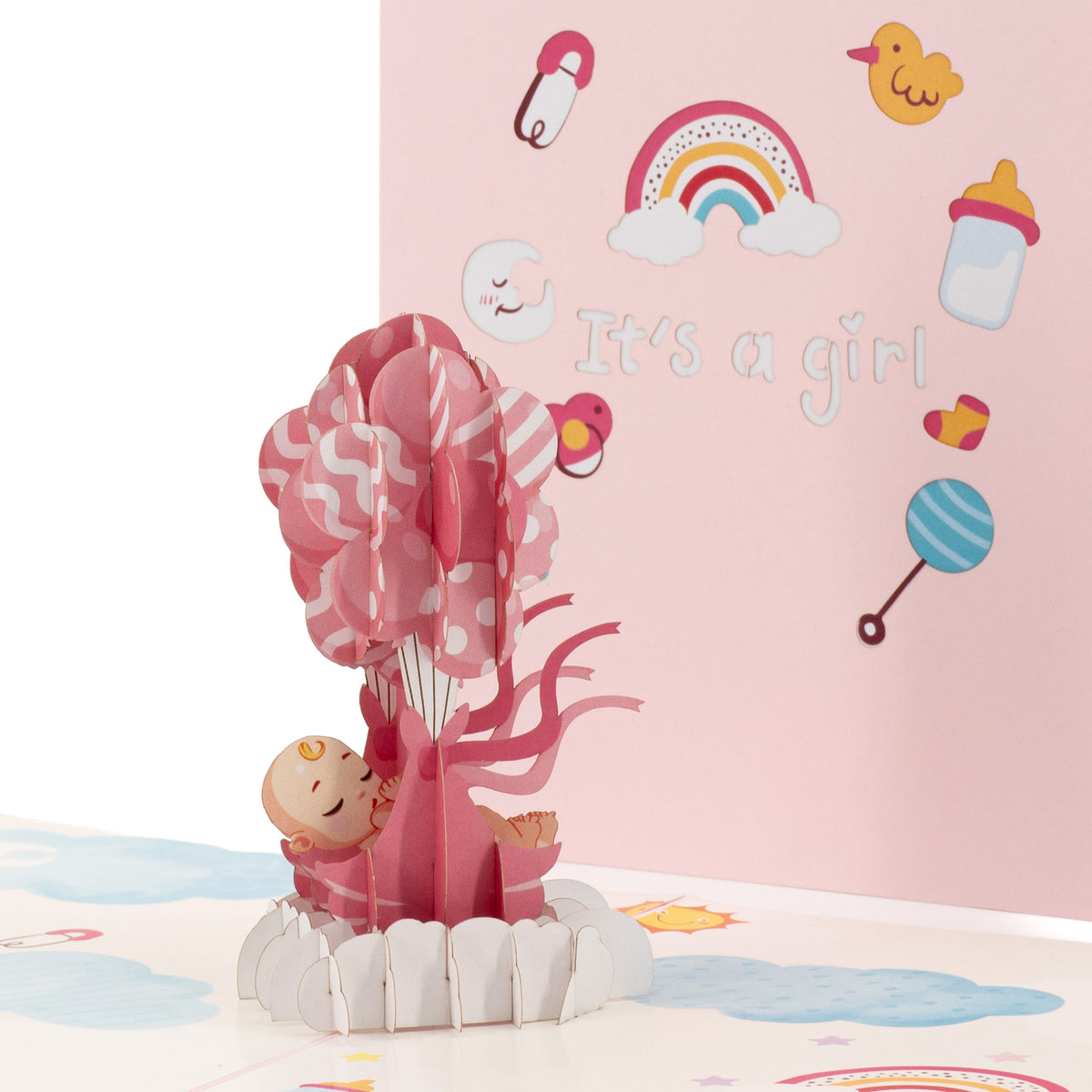 Baby Girl and Balloons 3D pop-up card close-up: sleeping baby in a pink bundle beneath striped balloons, everpop