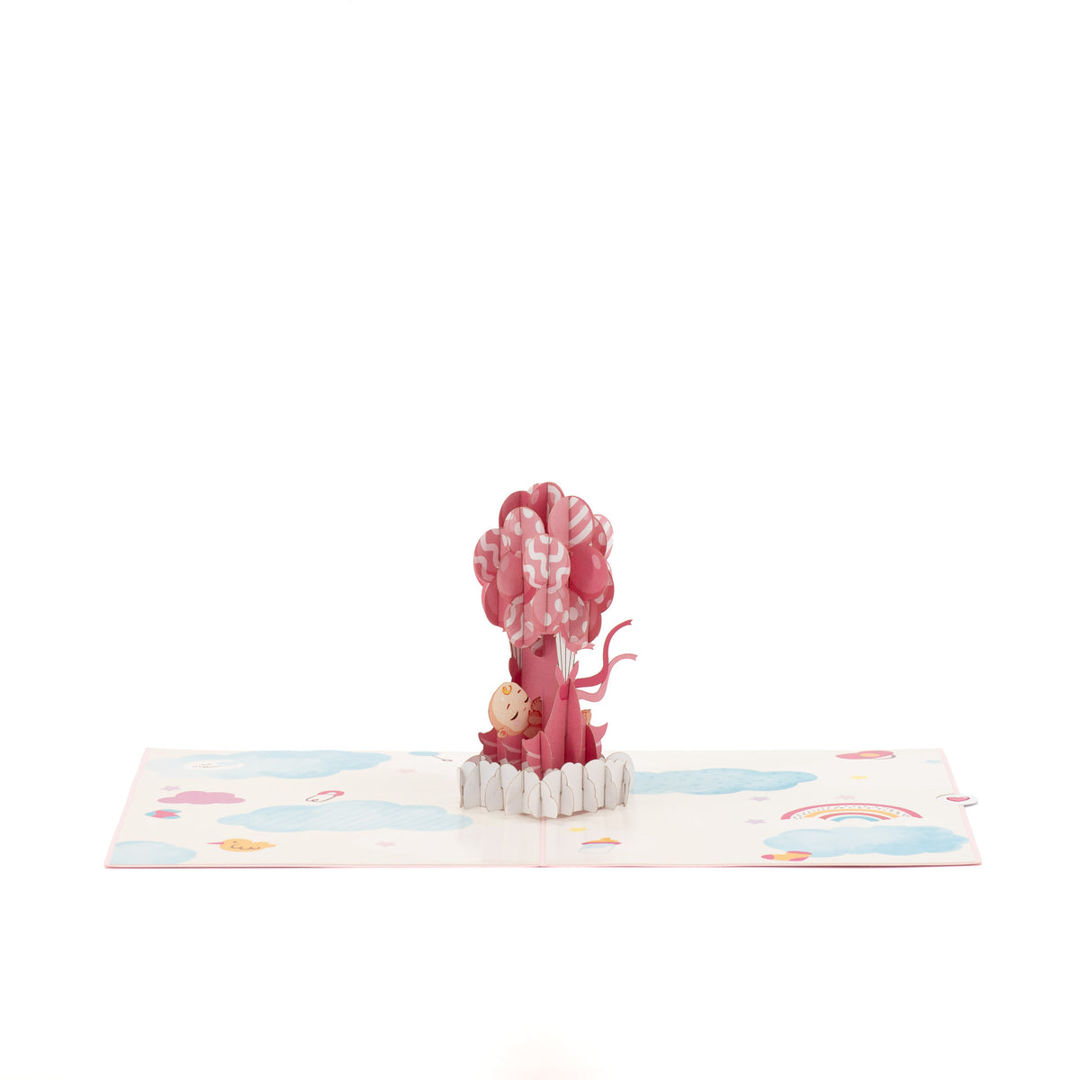 Baby Girl and Balloons 3D pop-up card angle view: pink balloon bundle over a cloud base with rainbow, everpop