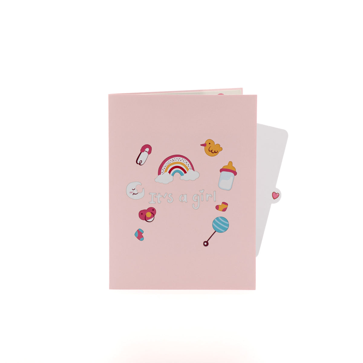 Baby Girl and Balloons 3D pop-up card closed — card only, pink cover with rainbow, rattle and It's a girl text, everpop