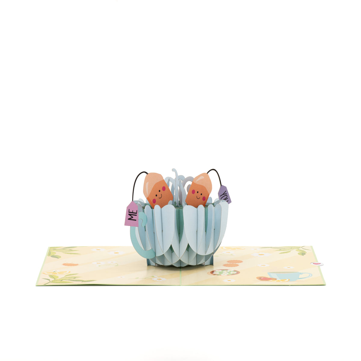 Best Teas 3D pop-up card angle view: teacup pop-up on a daisy and lemon picnic base, everpop
