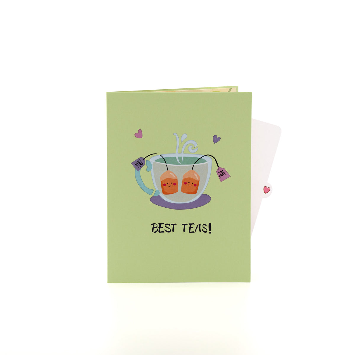 Best Teas 3D pop-up card closed — card only, green cover with teacup and Best Teas lettering, everpop
