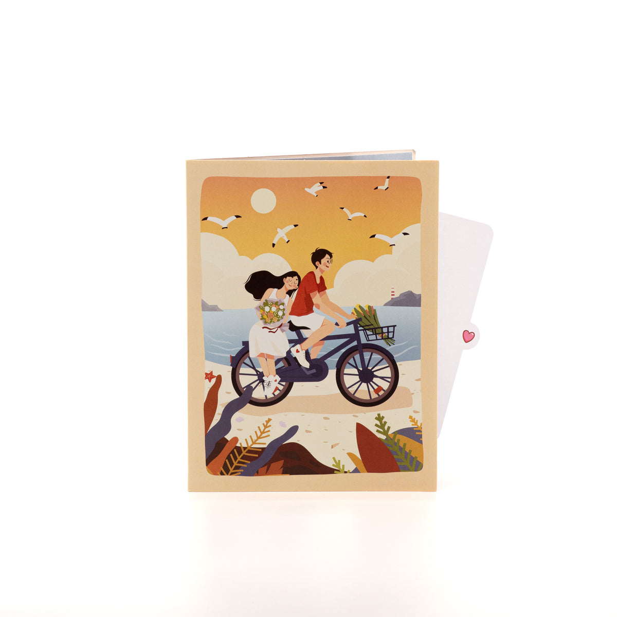 Biking With You 3D pop-up card closed — card only, cover with couple cycling into an orange sunset, everpop