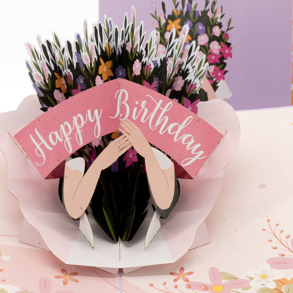 Birthday Bouquet 3D pop-up card close-up: pink Happy Birthday banner around a paper flower bouquet, everpop