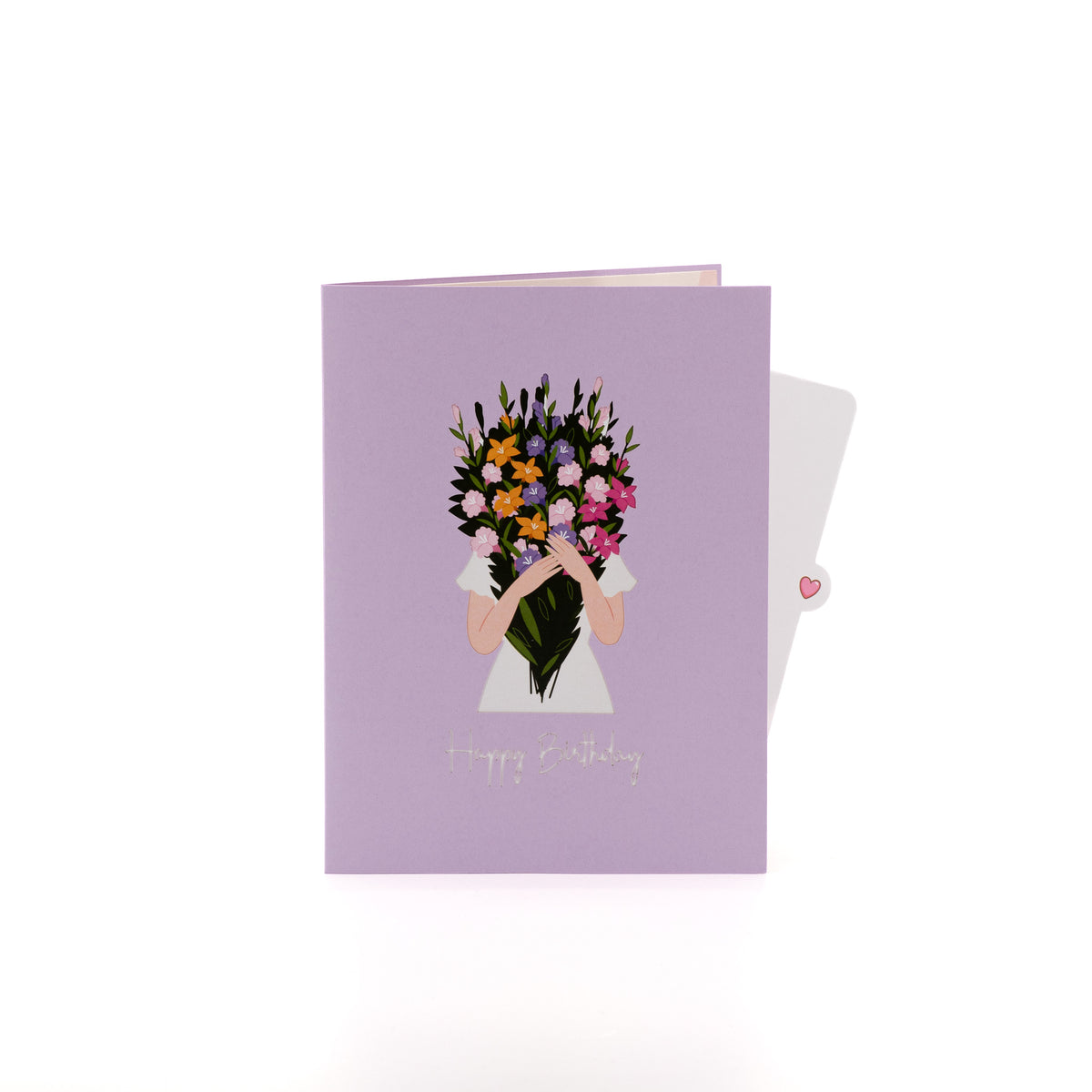 Birthday Bouquet 3D pop-up card closed — card only, lilac cover with bouquet and Happy Birthday script, everpop