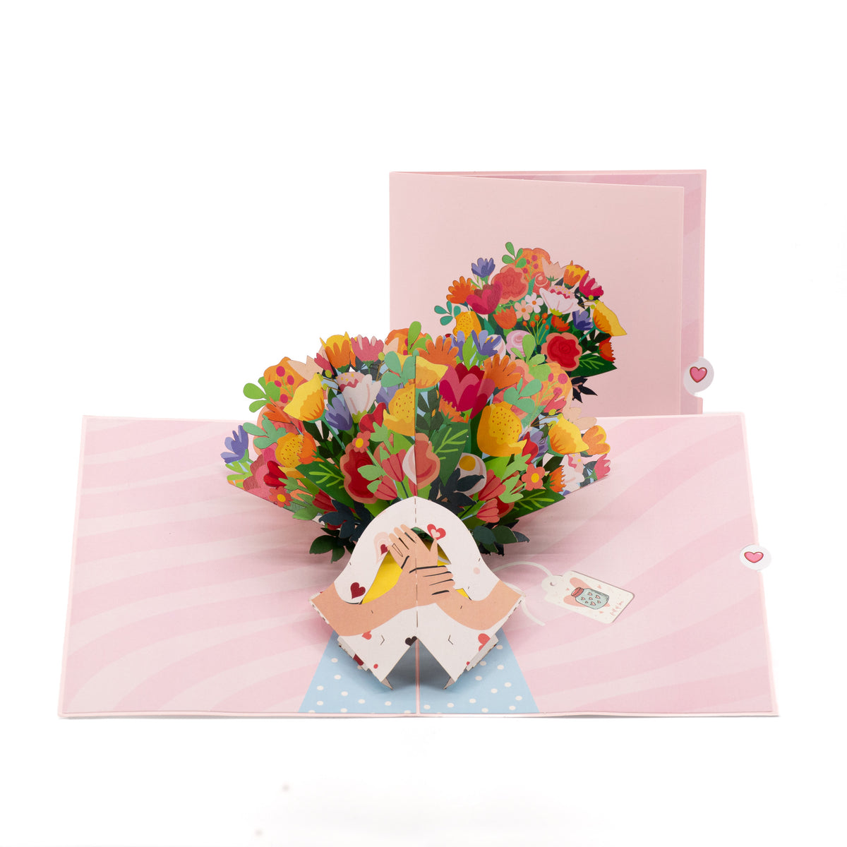 Blooms For You 3D pop-up card front view: hands with a bright mixed bouquet, pink cover behind, everpop