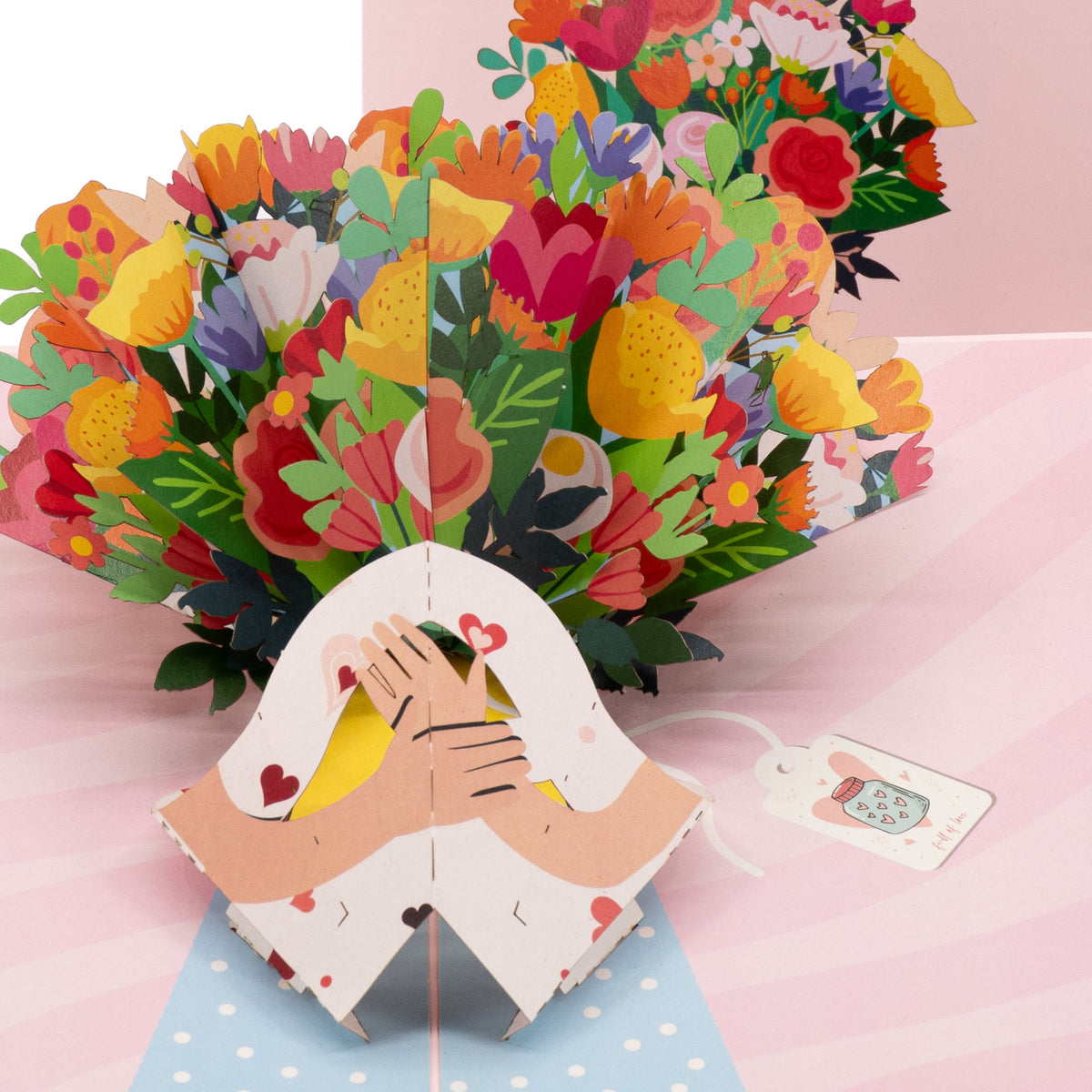 Blooms For You 3D pop-up card close-up: colorful tulip and rose bouquet with heart gift tag, everpop