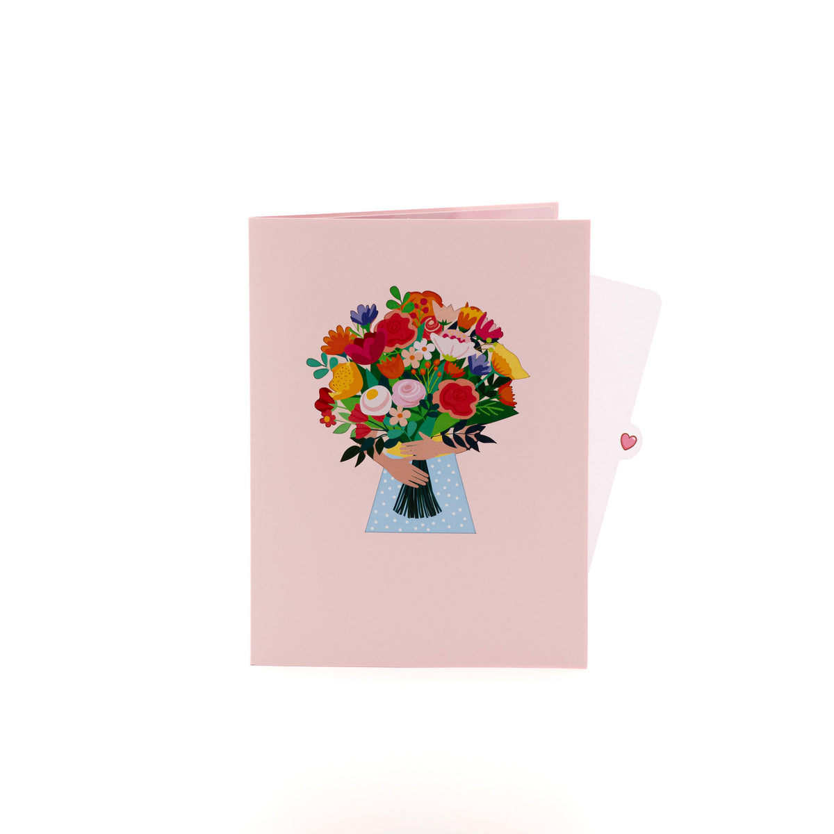Blooms For You 3D pop-up card closed — card only, pink cover with a person holding vivid blooms, everpop