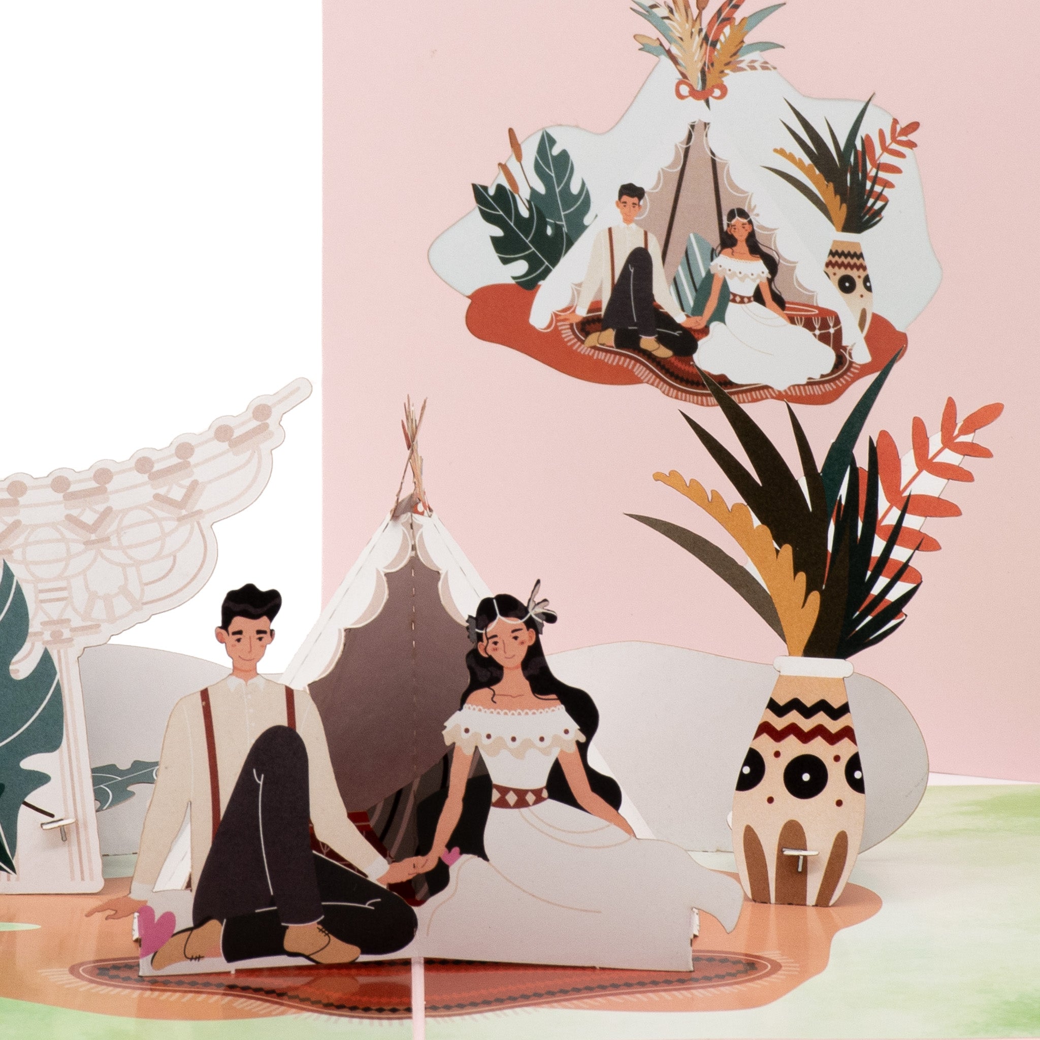 Bohemian Wedding 3D pop-up card close-up: bride and groom seated on a rug before teepee and pampas, everpop