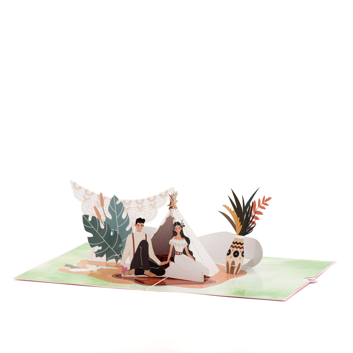 Bohemian Wedding 3D pop-up card angle view: boho teepee wedding pop-up with wings and leafy vase, everpop