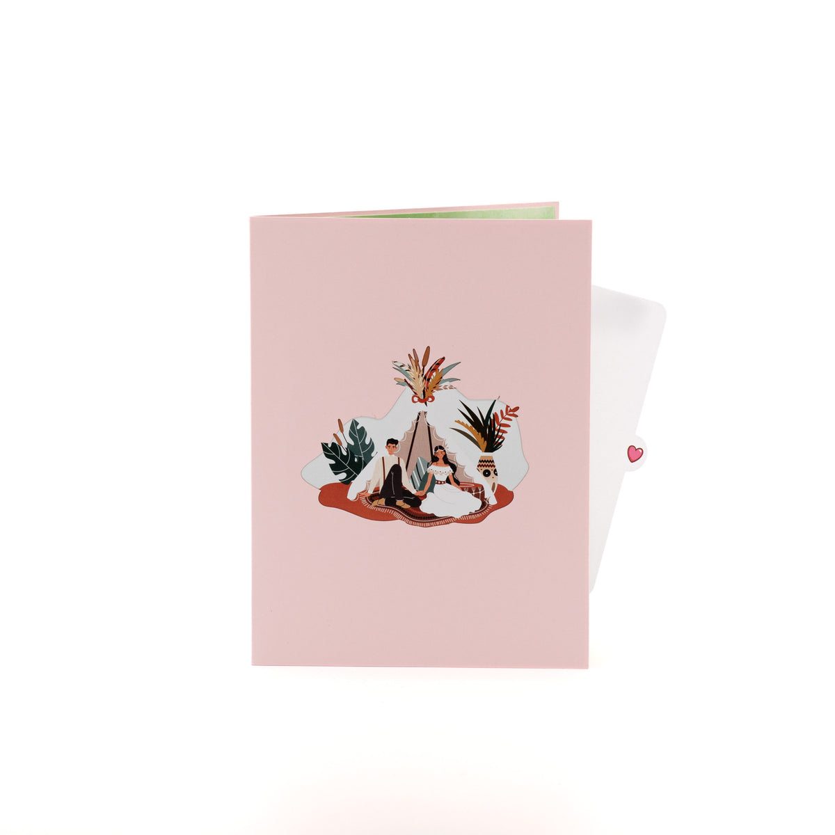 Bohemian Wedding 3D pop-up card closed — card only, pink cover with couple and teepee illustration, everpop