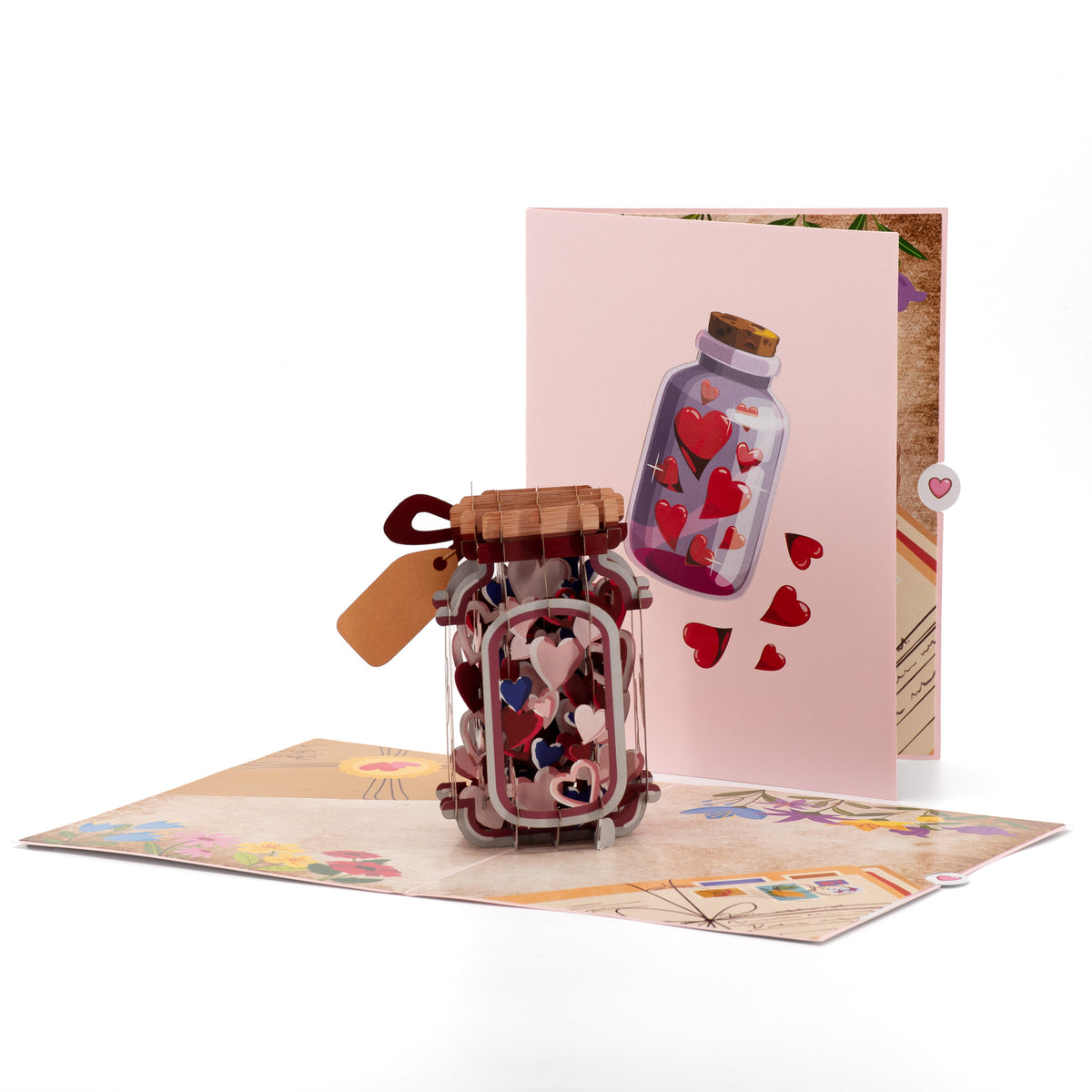 Bottle Full of Wishes 3D pop-up card front view: jar packed with paper hearts, pink hearts cover behind, everpop