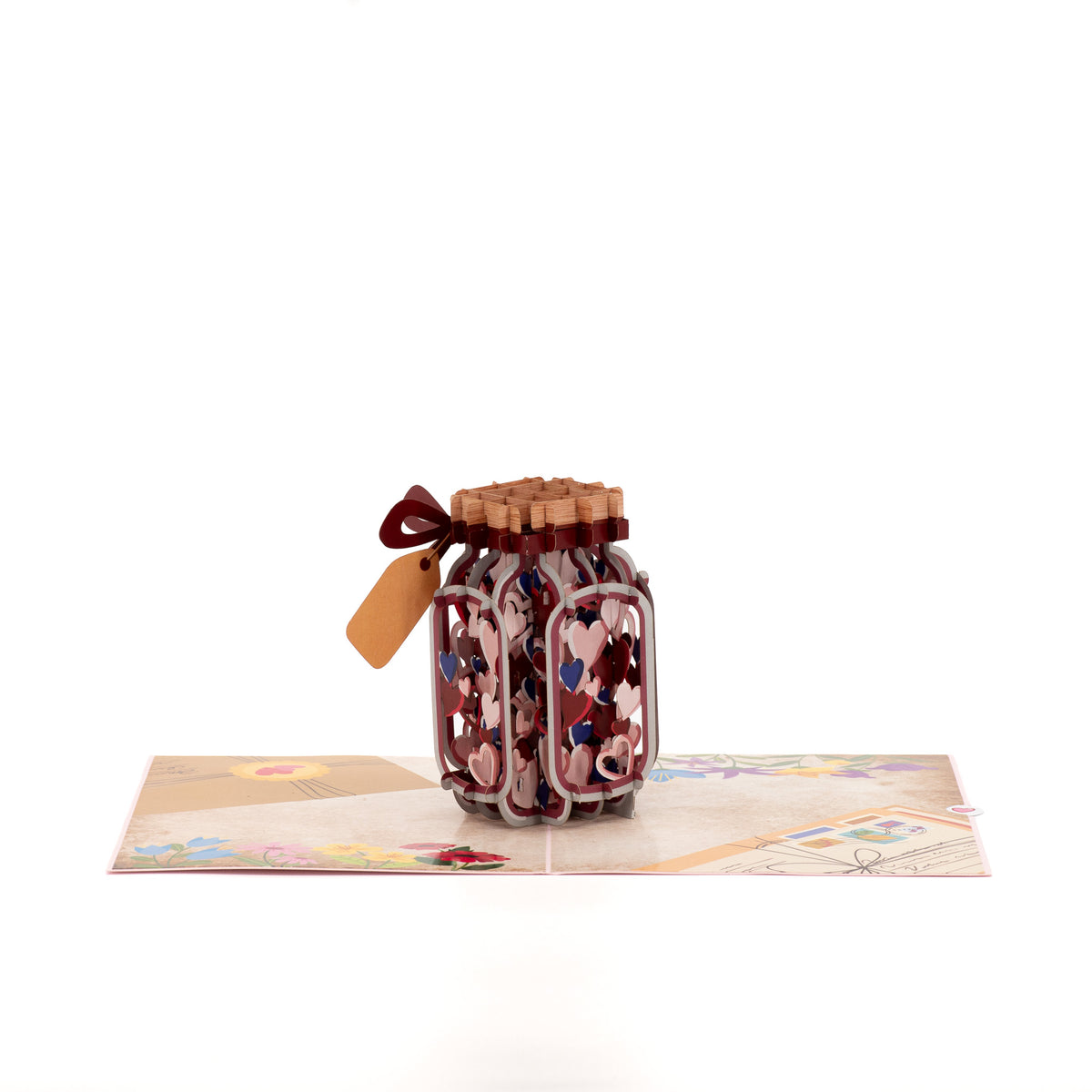 Bottle Full of Wishes 3D pop-up card angle view: wish jar pop-up on a love-letter doodle base, everpop