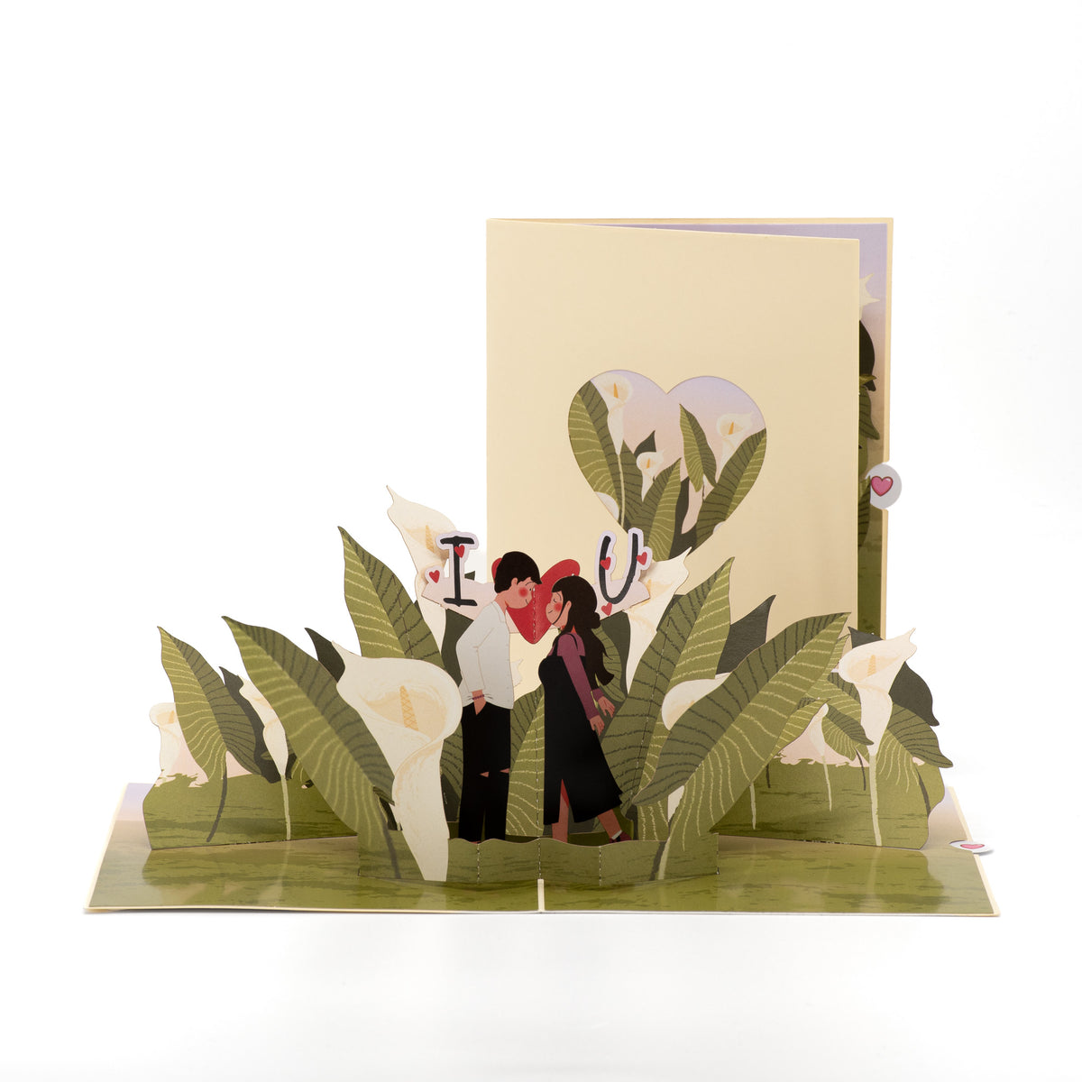 Calla Lily Field 3D pop-up card front view: couple kissing among calla lilies, cream cover behind, everpop