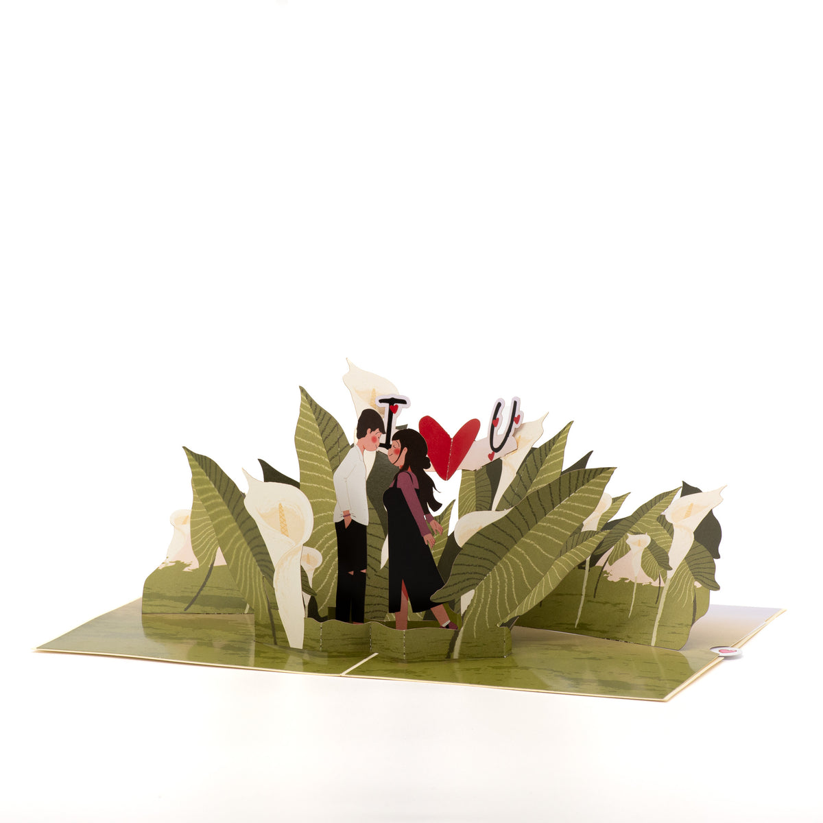 Calla Lily Field 3D pop-up card angle view: calla lily field pop-up with couple on a green base, everpop