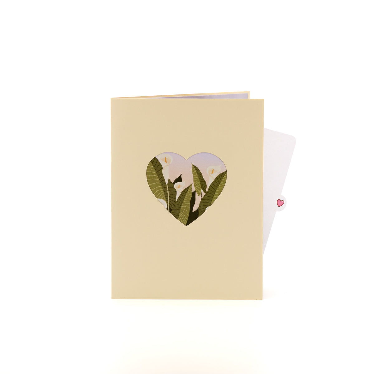 Calla Lily Field 3D pop-up card closed — card only, cream cover with lilies in a heart window, everpop