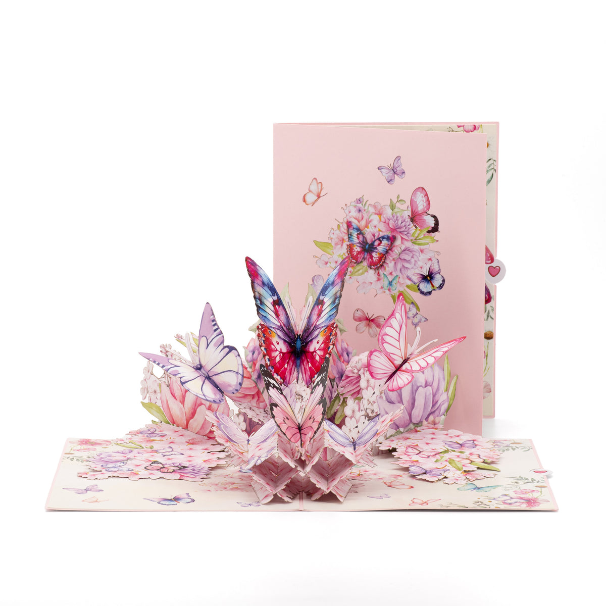 Cherry Blossom & Butterflies 3D pop-up card front view: butterflies over a blossom posy, pink cover behind, everpop
