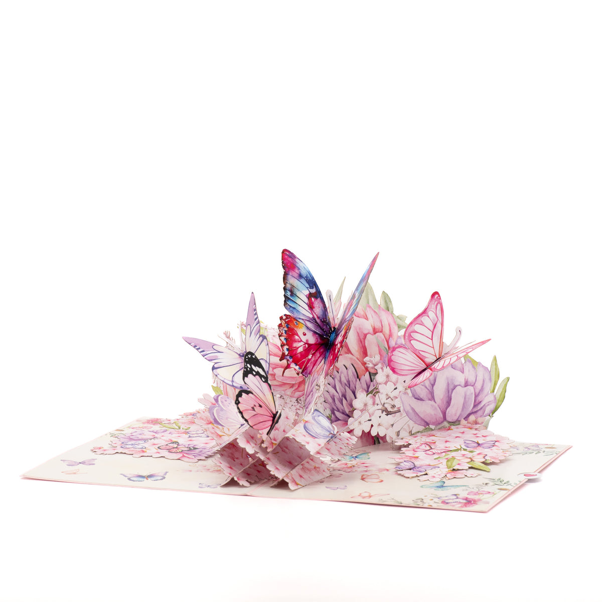 Cherry Blossom & Butterflies 3D pop-up card angle view: butterfly and blossom pop-up on a watercolor base, everpop