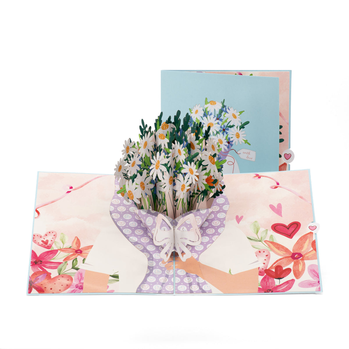 Daisy Days 3D pop-up card front view: daisy bouquet in purple wrapping, blue cover behind, everpop