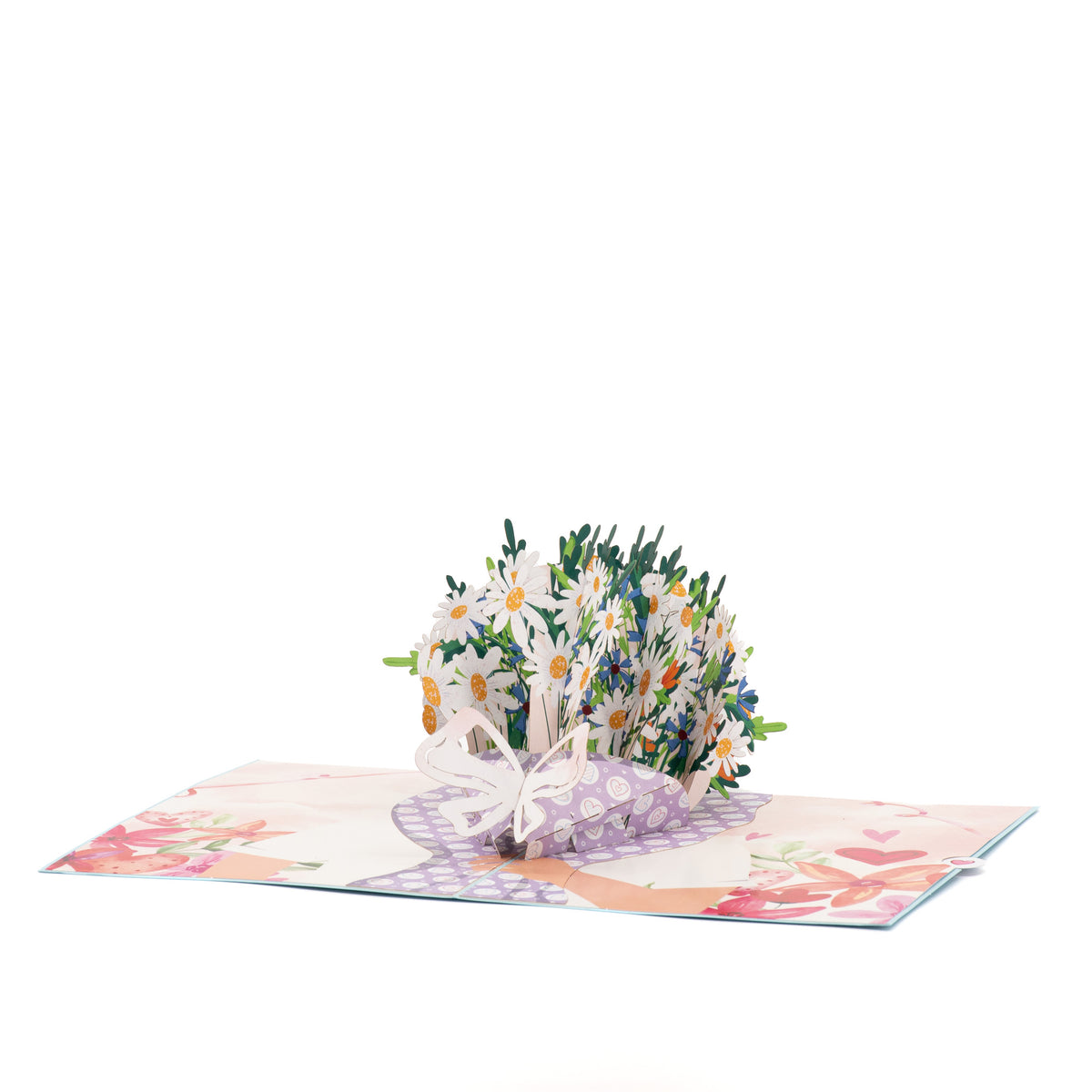 Daisy Days 3D pop-up card angle view: daisy bouquet pop-up on a pink watercolor floral base, everpop