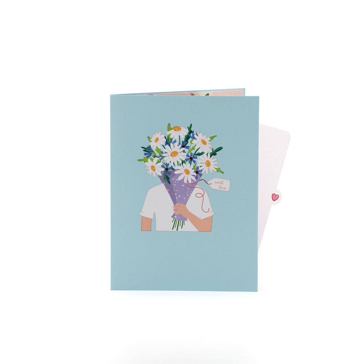 Daisy Days 3D pop-up card closed — card only, blue cover with a person holding fresh daisies, everpop