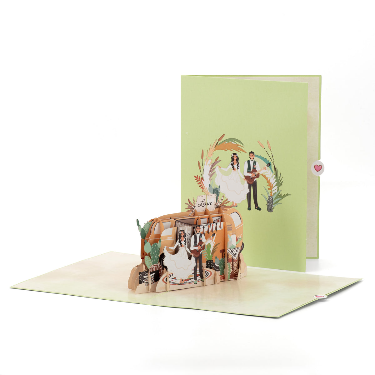 Dance With Me 3D pop-up card front view: wedding couple dancing by a camper van, green cover behind, everpop
