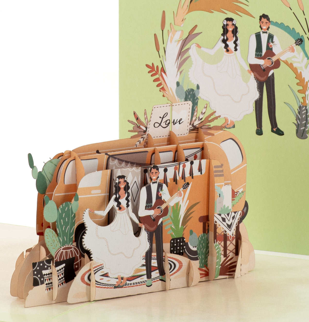 Dance With Me 3D pop-up card close-up: bride twirling and groom with guitar at the boho van, everpop