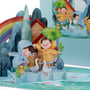 Dancing in the Rain 3D pop-up card close-up: three laughing children in rain gear with geese and ducks, everpop