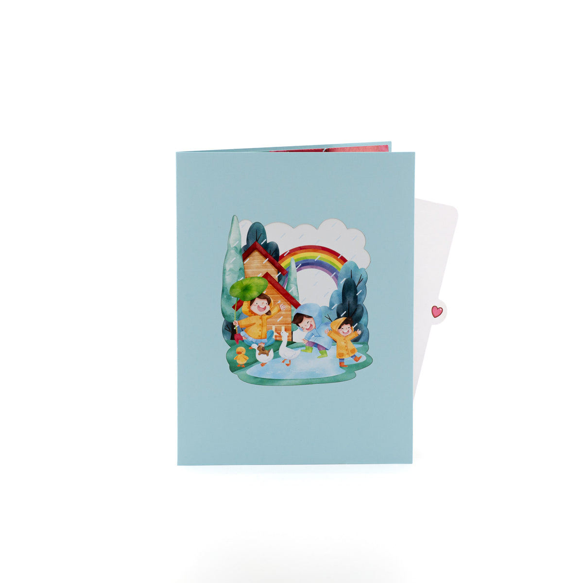 Dancing in the Rain 3D pop-up card closed — card only, blue cover with children and geese in the rain, everpop