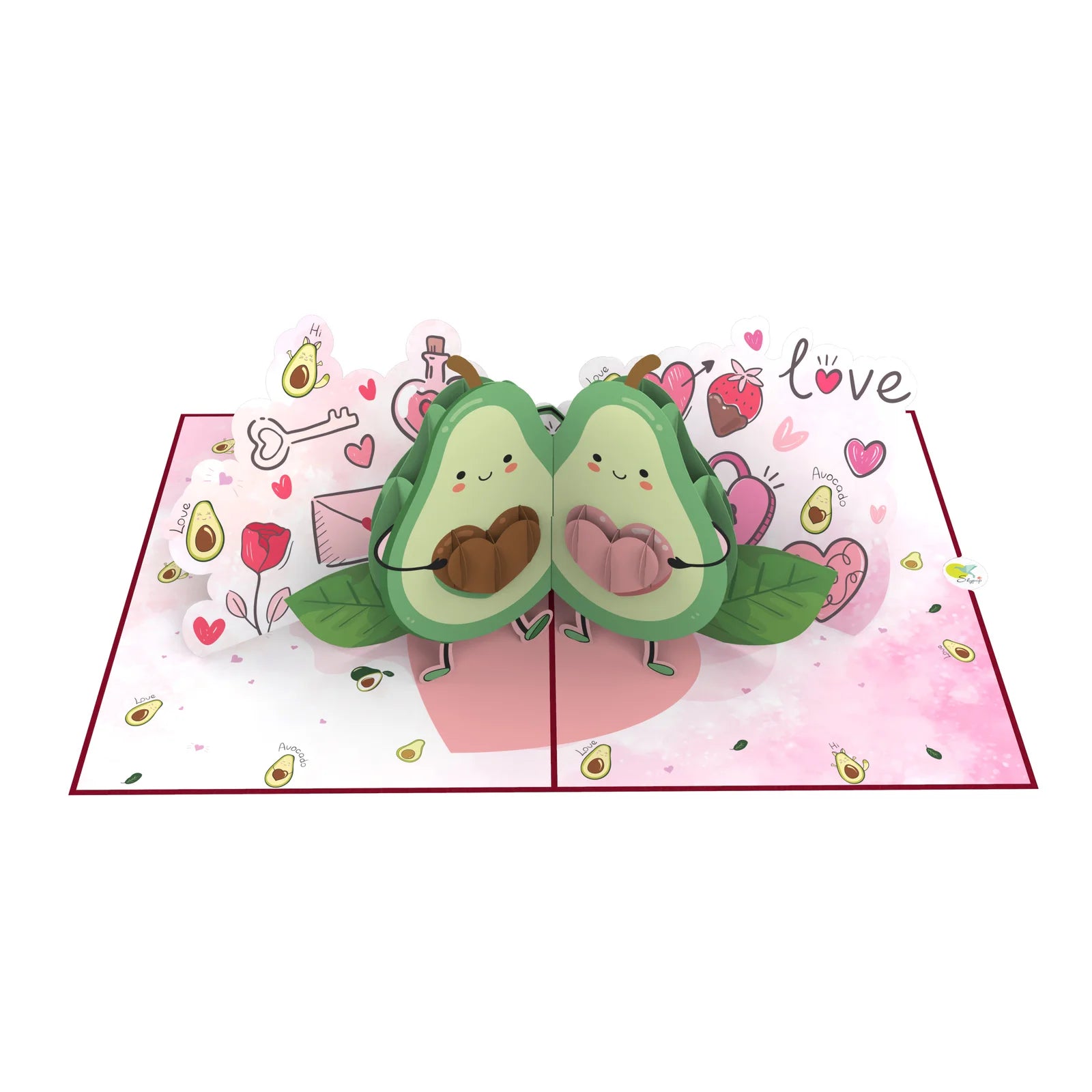 everpop 3D pop-up Avocado in Love card – open showing avocado couple with hearts
