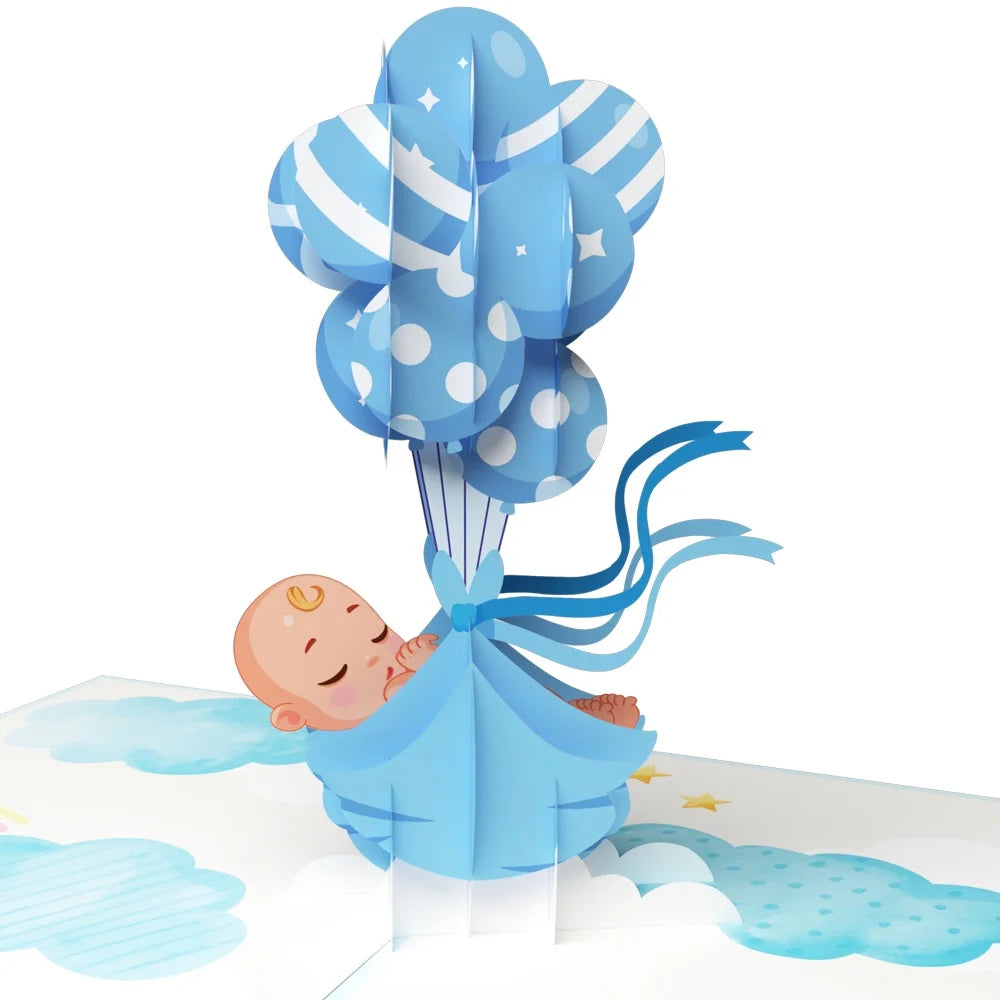 everpop 3D pop-up Baby Boy and Balloons card – close-up of baby and blue balloon pop-up