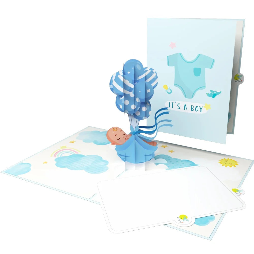 everpop 3D pop-up Baby Boy and Balloons card – baby boy with blue balloons open with cover