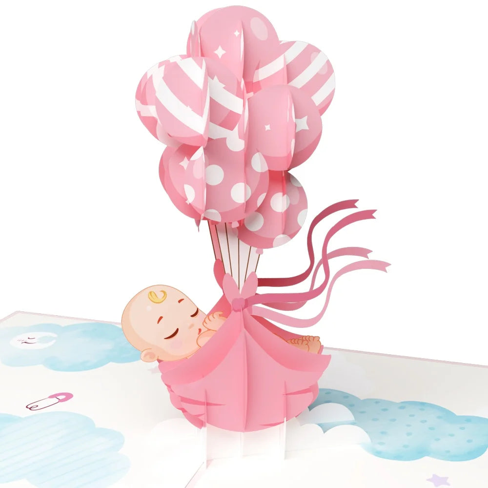 everpop 3D pop-up Baby Girl and Balloons card – close-up of baby and balloon pop-up