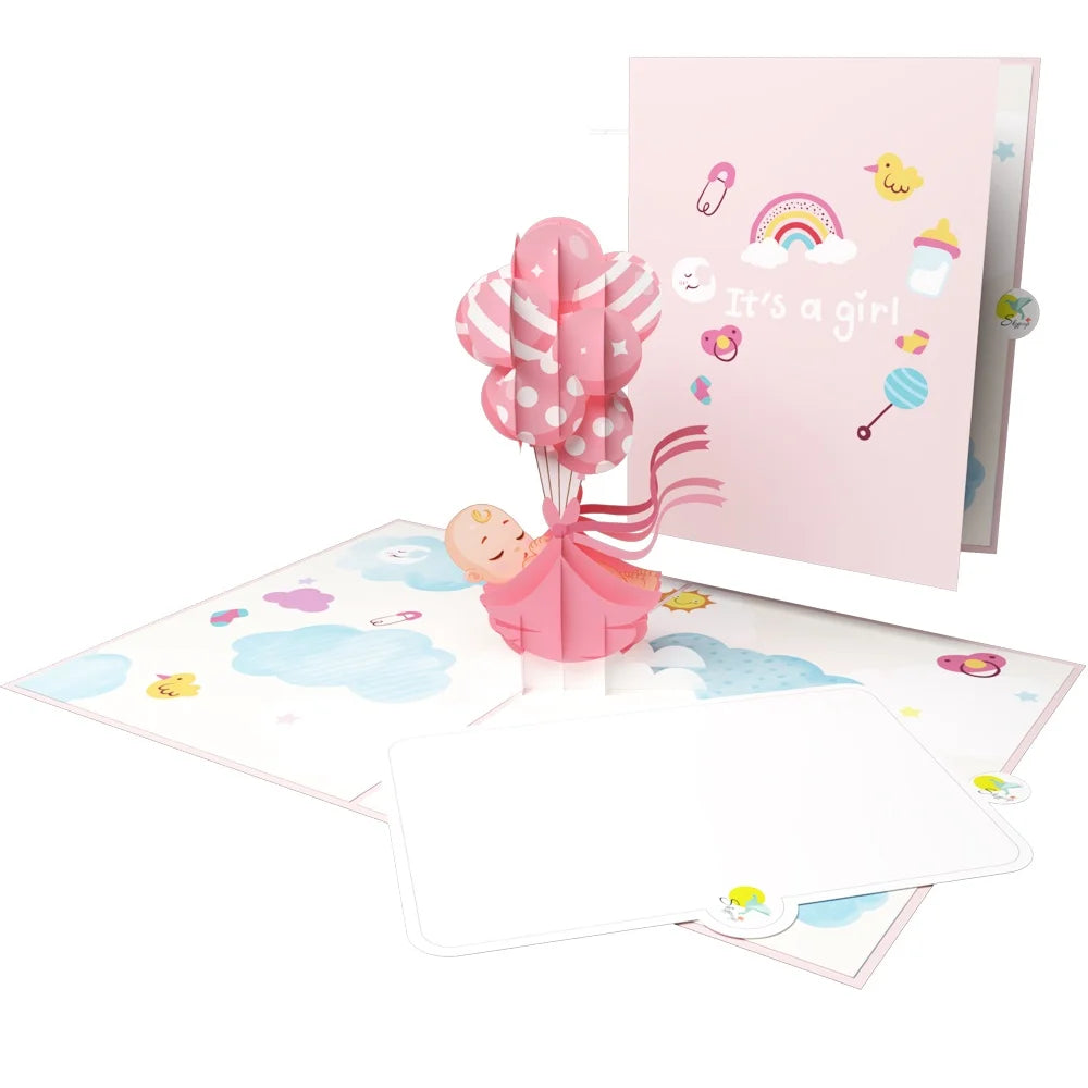 everpop 3D pop-up Baby Girl and Balloons card – baby with pink balloons open with cover