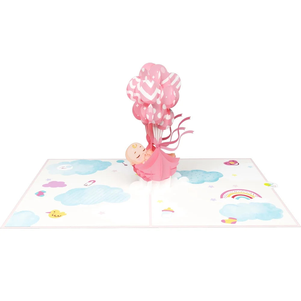 everpop 3D pop-up Baby Girl and Balloons card – open showing baby floating with balloons