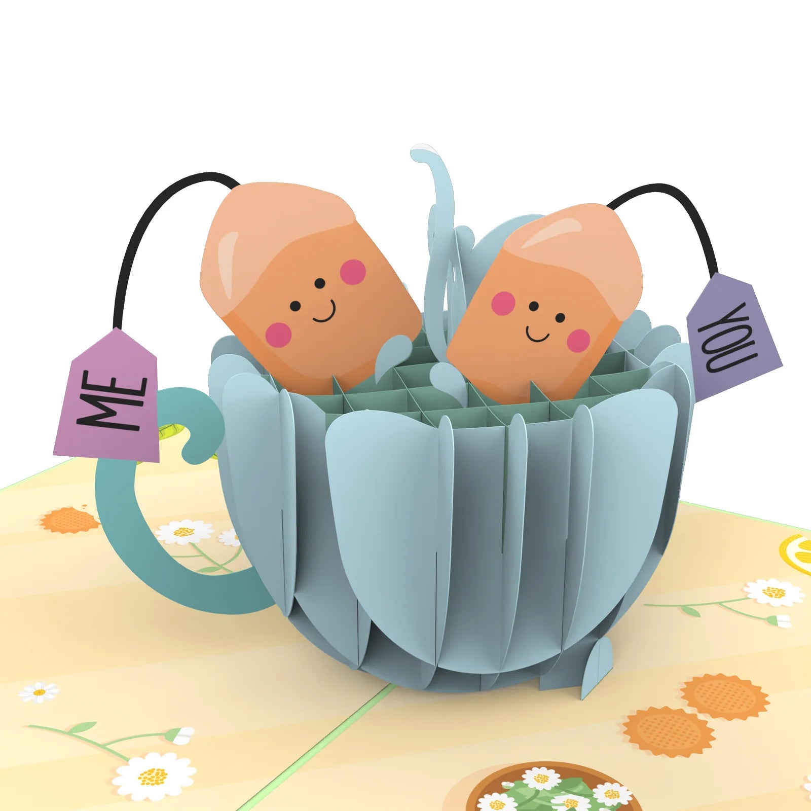 everpop 3D pop-up Best Teas card – close-up of tea bag characters in teacup pop-up