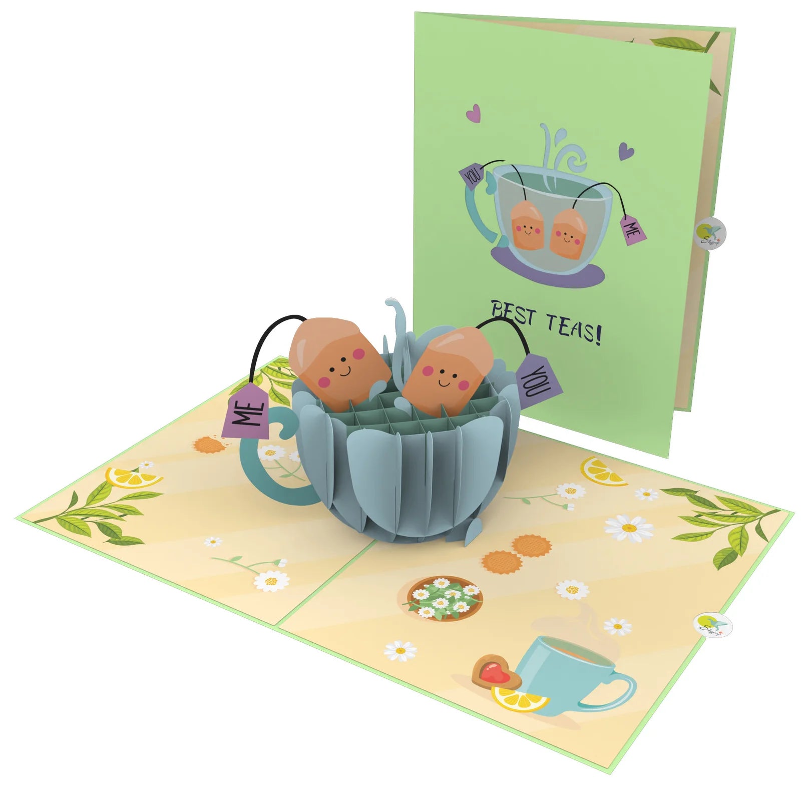 everpop 3D pop-up Best Teas card – cute tea bags in a teacup open with cover