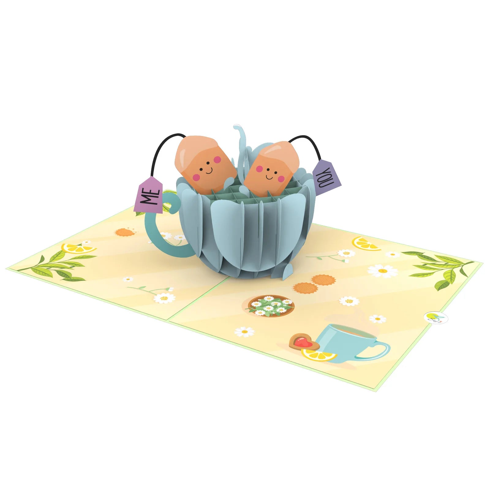 everpop 3D pop-up Best Teas card – open showing cute tea bag characters in a teacup