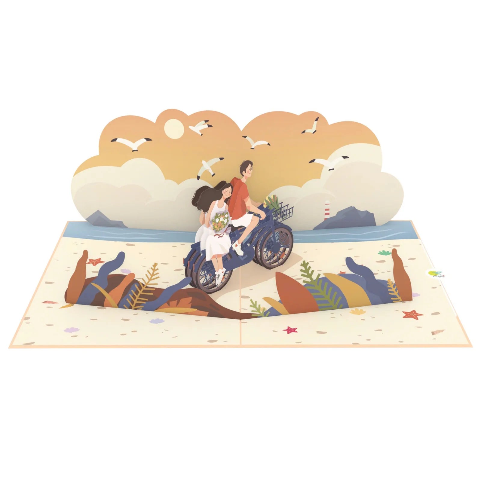 everpop 3D pop-up Biking With You card – open showing couple riding bike by the sea